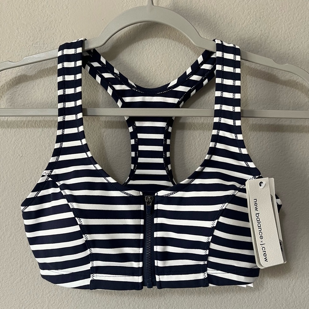 New Balance by J. Crew Navy Blue Striped Zip Front Sports Bra Racerback Small